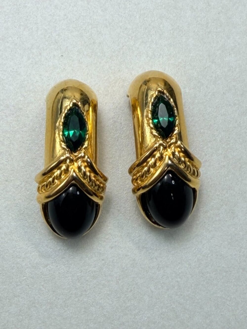 Vintage Blanca Runway Bold Black Cabochon Emerald Crystal Earrings From 80s
